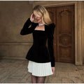 Hit Color Slimming Minimalist Dresses for Women Square Neck Long Sleeve High Waist Temperament Dress Female