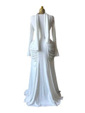 Classic Banquet Dress+Scarf Women Irregular Collar Flare Sleeve Elegant Pleat Patchwork Evening Stretch Slim Bodycon