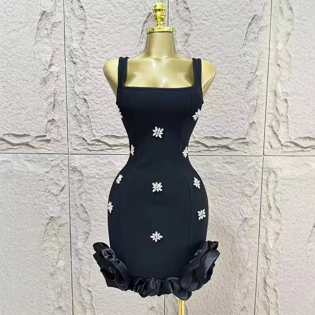 Black Skyblue Women Sleeveless Sexy O-Neck Shining Diamond Bodycon Mini Bandage Dress Birthday Party Photoshoot Stage Wear