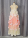 Gradient Color Runway Spaghetti Strap Maxi Dress for Women Strapless Spliced Ruffles Sweet Lace Edge Cake Dresses Female New