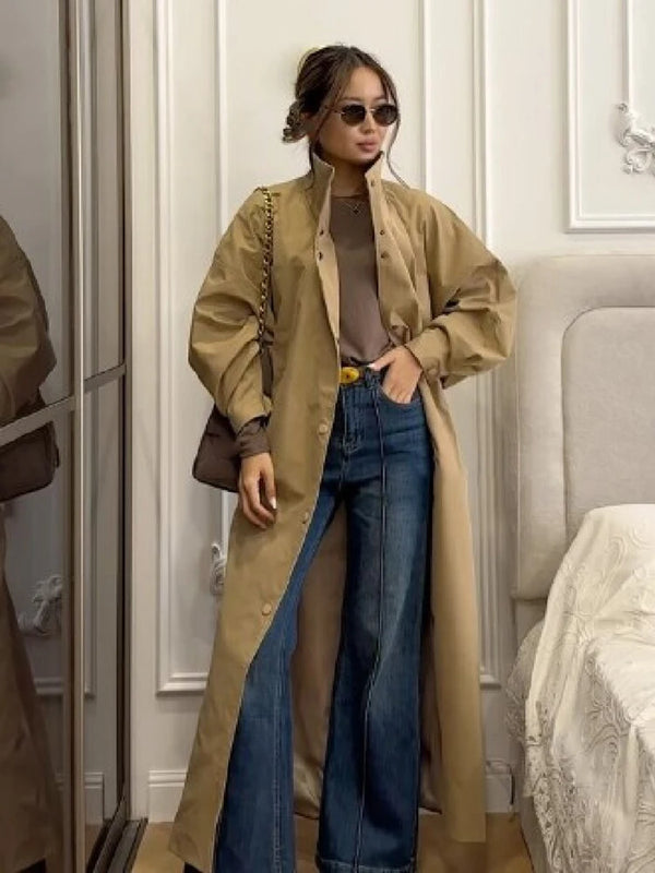 Stylish Solid Stand Collar Button Front Loose Maxi Trench Coat Batwing Long Sleeve Outerwear Women Autumn Daily Office Wear New