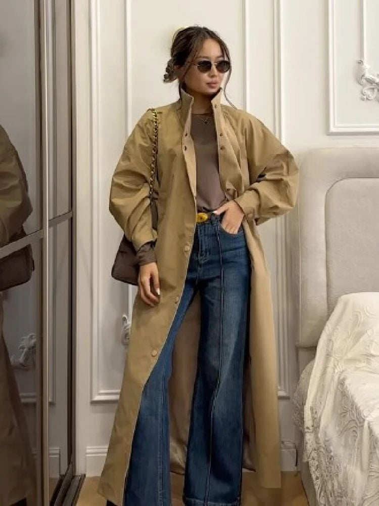 Stylish Solid Stand Collar Button Front Loose Maxi Trench Coat Batwing Long Sleeve Outerwear Women Autumn Daily Office Wear New