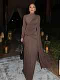 Irregular Brown Lace Uppleated Maxi Dresses Elegant Women's Full Sleeve Slim Fit Patchwork Robes 2025 New Evening Party Gowns