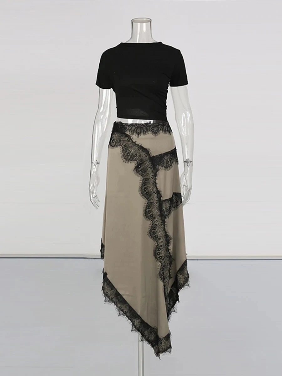 Hit Color Irregular Lace Midi Dress for Women O Neck Short Sleeves Cut Out Waist Lace Trim Skirt for Stylish Party