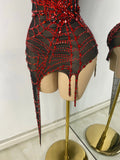 Sparkly Rhinestone Shining Women Sexy Bodycon See Through Irregular Hem Mini Dress Birthday Party Performance Costume