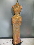 Luxury Shiny Mirror Rhinestones Hollowed-out Long Dress 2026Women Celebrity Evening Party Catwalk Prom Stage Photo Shoot Dresses