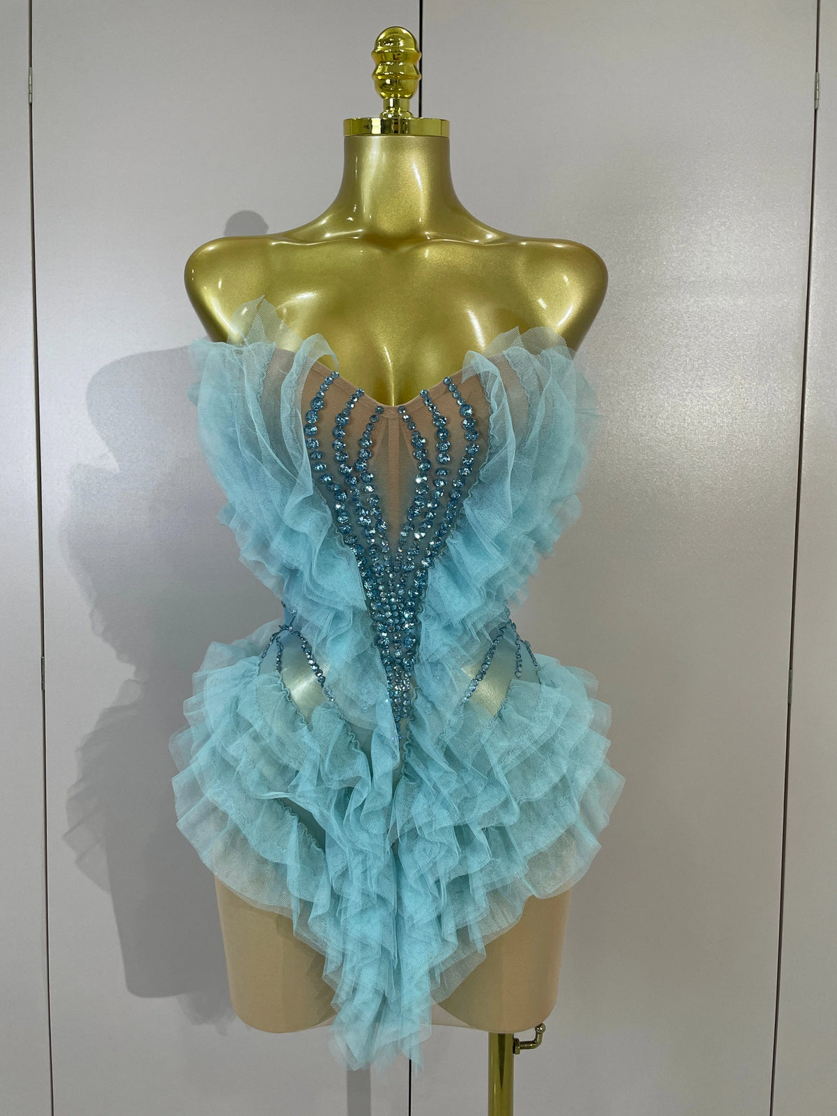 Shiny Rhinestone Birthday Bar Nightclub Stage Costume Sexy Strapless Sky Blue Mesh Ruffled See Through Evening Party Mini Dress