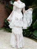 Retro Luxurious Wedding Dress for Women Stand Collar Flare Sleeve Spliced Ruffles Irregular Hem Party Long Dresses Female