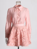 Solid Loose Two Piece Set For Women Lapel Long Sleeve Top High Waist Embroidery A Line Skirt Elegant Sets Female