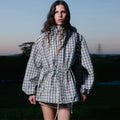 Gingham Plaid Hooded Windbreaker Jacket Drawstring Waist Loose  Outerwear 2026 Spring Autumn Lady Retro Outdoor Casual Jacket