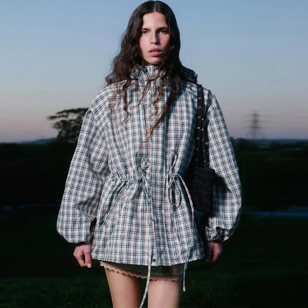 Gingham Plaid Hooded Windbreaker Jacket Drawstring Waist Loose  Outerwear 2026 Spring Autumn Lady Retro Outdoor Casual Jacket