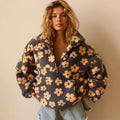 Fashion Floral Faux Lambswool Sweatshirt Women's Casual Zipper Pocket Loose Pullover Sweatshirt Autumn Festive Clothing
