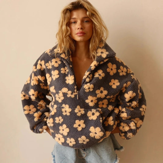 Fashion Floral Faux Lambswool Sweatshirt Women's Casual Zipper Pocket Loose Pullover Sweatshirt Autumn Festive Clothing