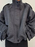 Gray Minimalist Woolen Coat for Women Stand Collar Long Sleeve Pathowrk Single Breasted Loose Casual Jacket Female