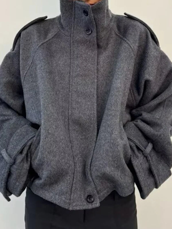 Gray Minimalist Woolen Coat for Women Stand Collar Long Sleeve Pathowrk Single Breasted Loose Casual Jacket Female