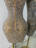 Gold Party Evening Short Dress Sparkly Diamonds Luxury Elegant Mesh See Throught Cocktail Birthday Clothing Night Club Show Wear
