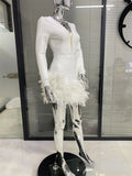Women's 2-Color Glam V-Neck Gorgeous Feather Skirt Bandage Mini Dress Fashion Party Evening Performance Dress Women Glam Dresses