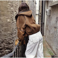 Brown Suede Shearling Lined Hooded Cropped Jacket Women's Bomber Coat  Warm Winter Outerwear Fashion High Street Lady Outfit