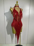 2026 New Sparkly Rhinestones Tassel Mesh Sexy See-Through Dress Latin Dance Outfits Women Bar Nightclub Show Party Stage Costume