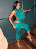 Furry Sexy 2 Piece Set Women Tracksuit Backless Tank Tops+High Waist Hollow Bike Shorts Nightclub Matching Outfits