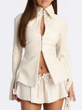 Streetwear Faux Leather Jacket for Women Lapel Collar Front Zip Hollow Cutout Flared Sleeve Slim for Autumn Outfits