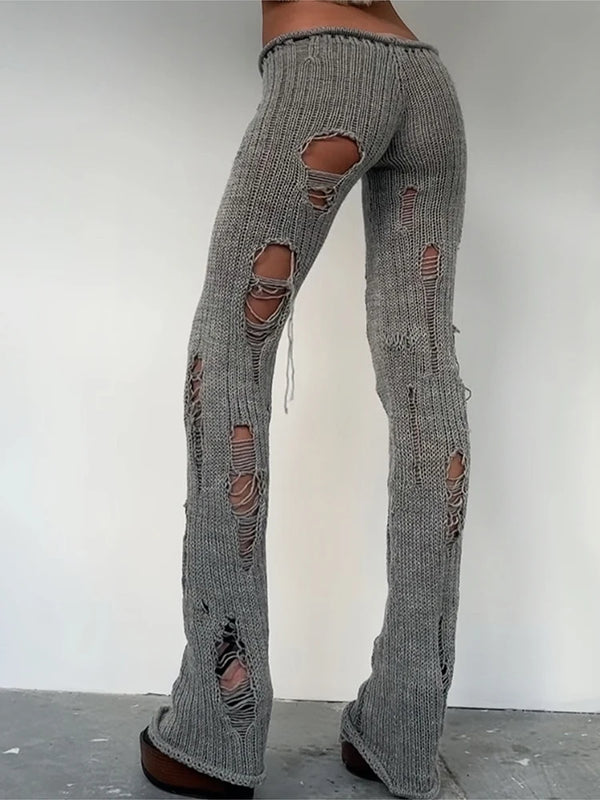 Knit Irregular Ripped Pants Women Autumn Trend Fashion Sexy Hottie Wild Solid Hip-Hop Street Clubwear Skinny Bottom