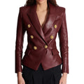 New 2026 Designer PU leather Jacket Women's Slim Fitting Double Breasted Lion Buttons Denim Blazer
