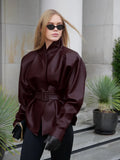 American Retro Burgundy Leather Jacket for Women Stand Collar Long Sleeves Slimming Design Coat Female Winter New