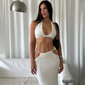 Women 2 Piece Set Sexy Halter Sleeveless Triangle Bra Crop Top Hollow Maxi Skirt Set Slim Knit Summer Beach Vacation Set