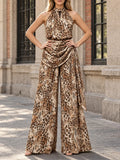 Leopard Print Two Piece Set for Women Halter Neck Sleeveless Keyhole Front Top Wide Leg Pants Draped Waist for Casual Daily