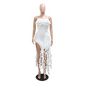 Women Summer Strapless Ruffles Tassel Dress Women Glamour Red 3D Flower Irregular Party Dress Celebrity Outfits Clubwear