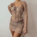 Glitter Sequins Knitted Skirt Sets Women 3 Piece Outfit Vacation Festival Clothing Sheer Top and Mini Skirt Matching Sets