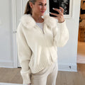 Women Hooded Knit Cardigan Sweater Coat Fluffy Faux Fur Collar Two Way Zip Solid  Loose Casual Jacket 2026 Autumn Winter