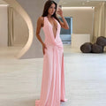 Elegant Backless Long Dress Sexy Women's Deep V Ruched Split Curvy Maxi Dresses Evening Party Beach Pool Summer Pink Yellow New