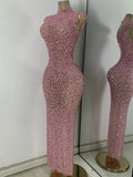Luxury Crystal Diamonds Long Party Dress Sexy Mesh Sleeveless See Through Evening Prom Birthday Women's Clothing Singer Wear