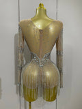 Full Sparkly Rhinestone Chain Sexy Mesh See Through Bodysuit Women Luxury Birthday Party Performance Dance Nightclub Stage Wear