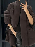 Solid Casual Basics Down Jacket for Women V Neck Long Sleeve Tunic Patchwork Sashes Slimming Elegant Coat Female