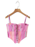 Sweet Summer Outdoor Travel Striped Corset Camisole Set for Women Thin Strap Lace Up Outfit for Seaside Vacation Casual Wear