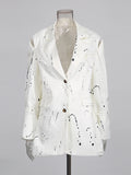 Ink Splashing Print Fashion Blazer for Women Notched Collar Long Sleeve Hollow Out Design Loose Coat Female Autumn