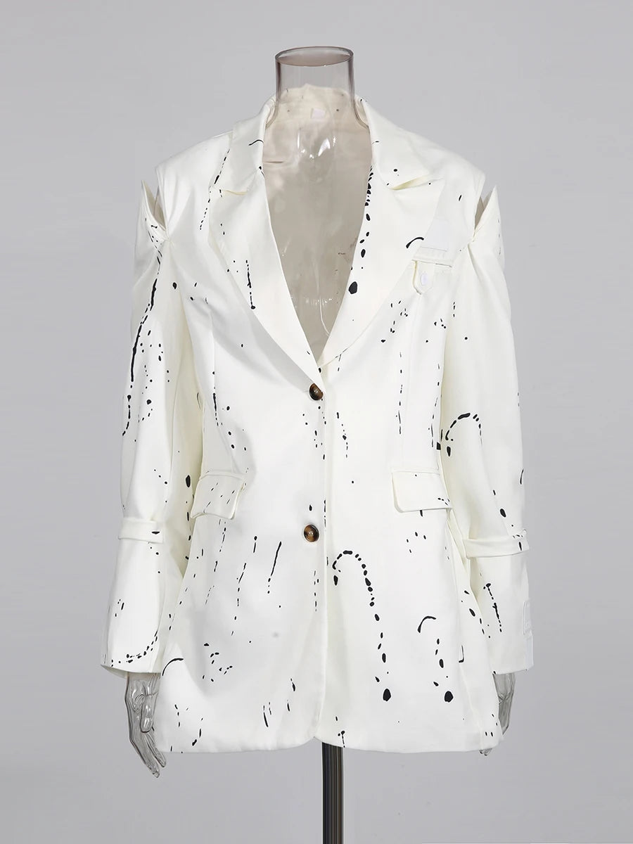 Ink Splashing Print Fashion Blazer for Women Notched Collar Long Sleeve Hollow Out Design Loose Coat Female Autumn
