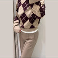 Argyle Jacquard Knit Pullover Women Khaki Crew Neck Drop Shoulder Flare Sleeve Sweater Autumn Winter Vintage Casual Fashion Top