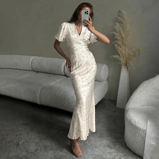 Printed Maxi Dress Women Elegant Slim V-Neck Short-Sleeve Evening Dress Summer New Casual Commuter Female Dress