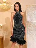 Women Sexy Off Shoulder Diamond Feather Halter Mini Bandage Dress For Women Backless Celebrate Evening Party Dresses Gown