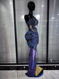 Purple Shining Rhinestones Women Sexy Strapless Mesh See Through Bodycon Long Maxi Dress Celebrate Nightclub Party Birthday Wear
