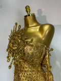 Sexy Strapless Gold Shinning Rhinestone Bodycon Bodysuit With Glove Bar Dancer Nightclub Singer DJ Stage Costume Birthday Outfit