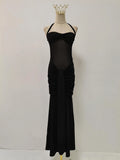 Sexy Sheer Mesh Fishtail Dress for Women Halter Sleeveless High Waist Patchwork Bandage Temperament Dresses Female