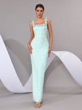 Women'S Luxury Pearl Bead Tight Bandage Long Dress Sexy Square Neck Sleeveless Elegant Evening Wedding Banquet Party Gown