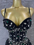 Sophisticated Black Bandage Midi Dress Women Spaghetti Strap Sweetheart Neck Rhinestone Emerald  Bodycon Evening Gown