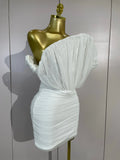 Women White Off The Shoulder Mesh Eveing Party Birthday Prom Nightclub Costumes Elegant Puff Sleeve Ruched Bodycon Mini Dress
