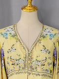 Yellow Floral Print Puff Sleeve Maxi Dress for Women Deep V Neck High Waist Asymmetrical Ruffle Hem Skirt for Garden Parties